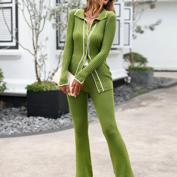 Striped Trim Single Breasted Rib-knit Cardigan & Knit Pants Green Coord set - Picture 2 of 5